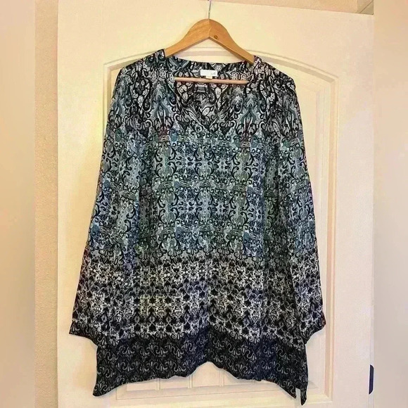 J. JILL Blouse Top Tunic Shirt Boho Blue Lightweight Split Neck Size Large - Picture 1 of 5
